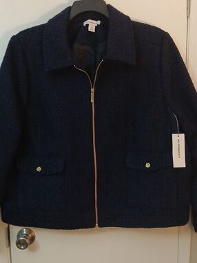 Liz Claiborne Navy Textured Zip-Up Jacket with Gold Accents